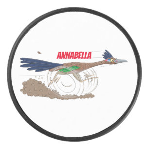 Funny roadrunner bird cartoon illustration hockey puck