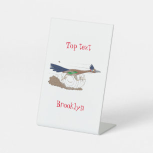 Funny roadrunner bird cartoon illustration pedestal sign