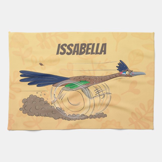 Funny roadrunner bird cartoon illustration tea towel (Horizontal)
