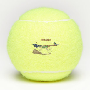 Funny roadrunner bird cartoon illustration tennis balls