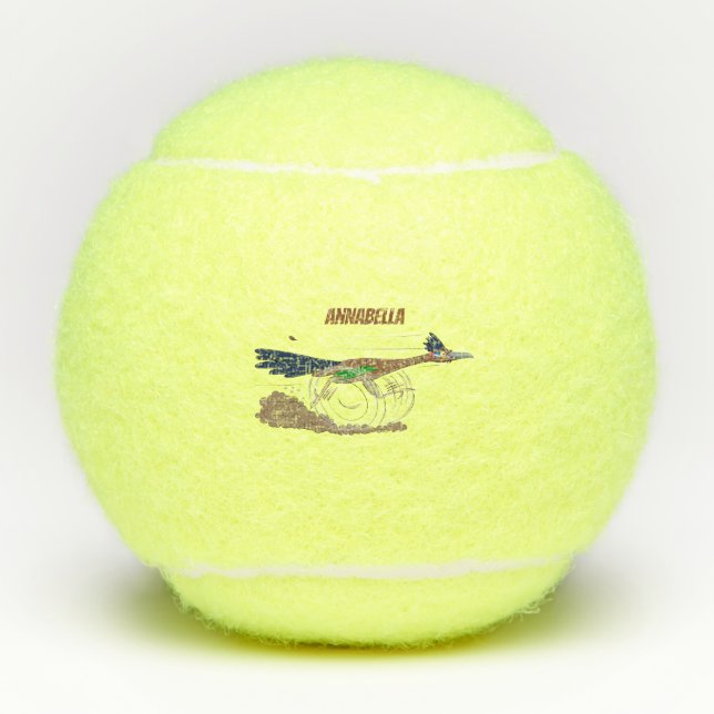 Funny roadrunner bird cartoon illustration tennis balls (Front)