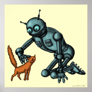 Funny robot and cat art poster