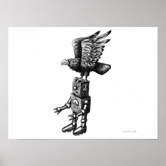 Funny robot with eagle ink pen drawing art poster (Front)