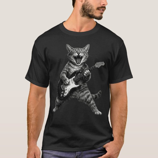 Funny Rock and Roll Cat Playing Electric Guitar T-Shirt (Front)