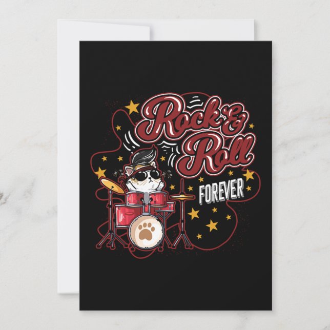 Funny Rock n Roll Forever Cool Drummer Cat Invitation (Front)