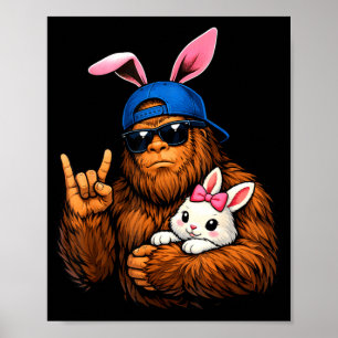 Funny Rock On Bigfoot with Bunny Easter Shirt Men Poster