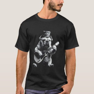 Funny Rock Star Bulldog Playing Guitar T-Shirt