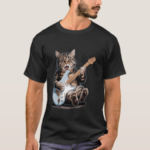 Funny Rock Star Cat Playing Electric Guitar Musici T-Shirt