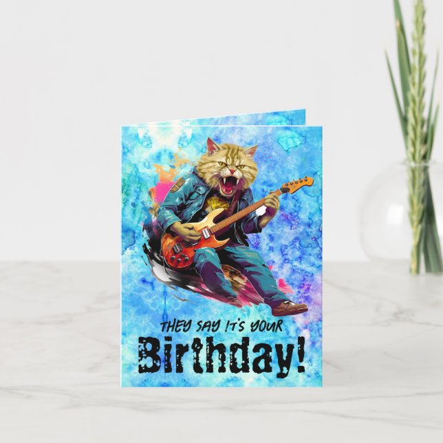 Funny Rockstar Cat Birthday Folded Greeting Card (Front)
