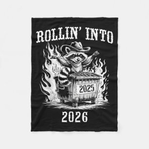 Funny Rollin' Into 2026 Vintage New Year Raccoon M Fleece Blanket
