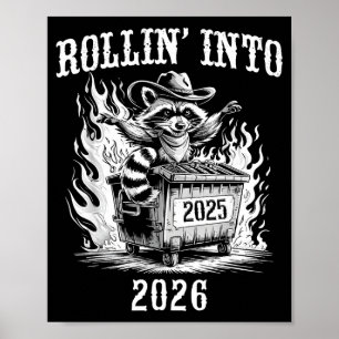 Funny Rollin' Into 2026 Vintage New Year Raccoon M Poster