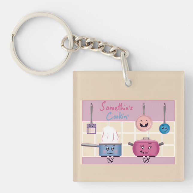 Funny Romantic Kitchen Scene with Cooking Utensils Key Ring (Front)