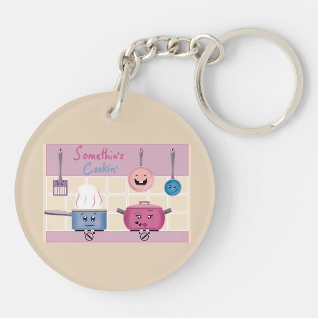 Funny Romantic Kitchen Scene with Cooking Utensils Key Ring (Back)