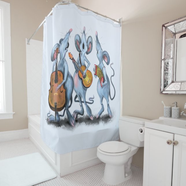 Funny Romantic Mouse Band - Cartoon Animal Drawing Shower Curtain (In Situ)