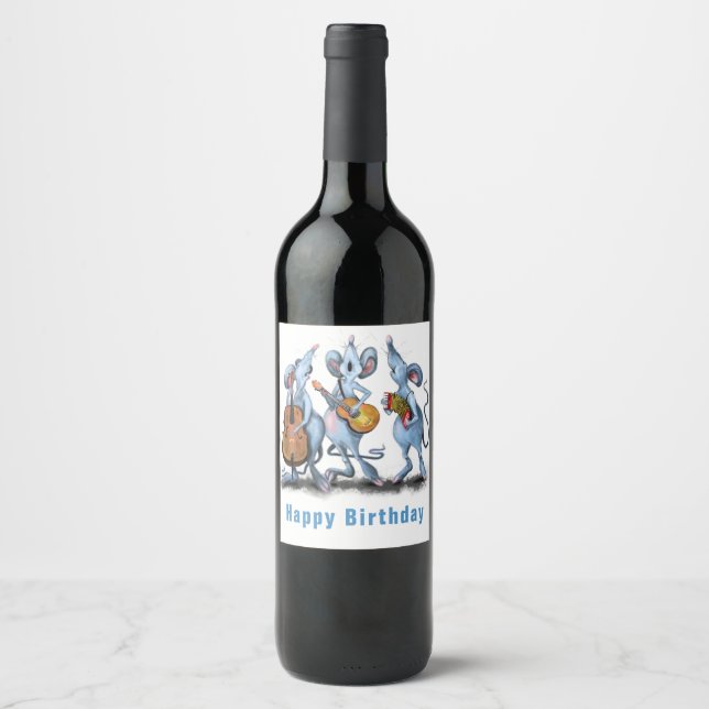 Funny Romantic Mouse Band - Happy Birthday Wine Label (Front)