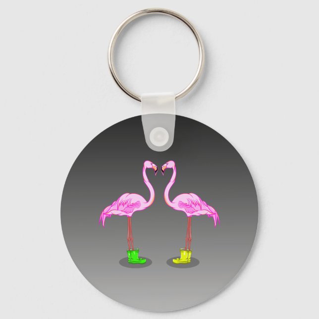 Funny Romantic Pink Flamingos Wearing Boots Key Ring (Front)