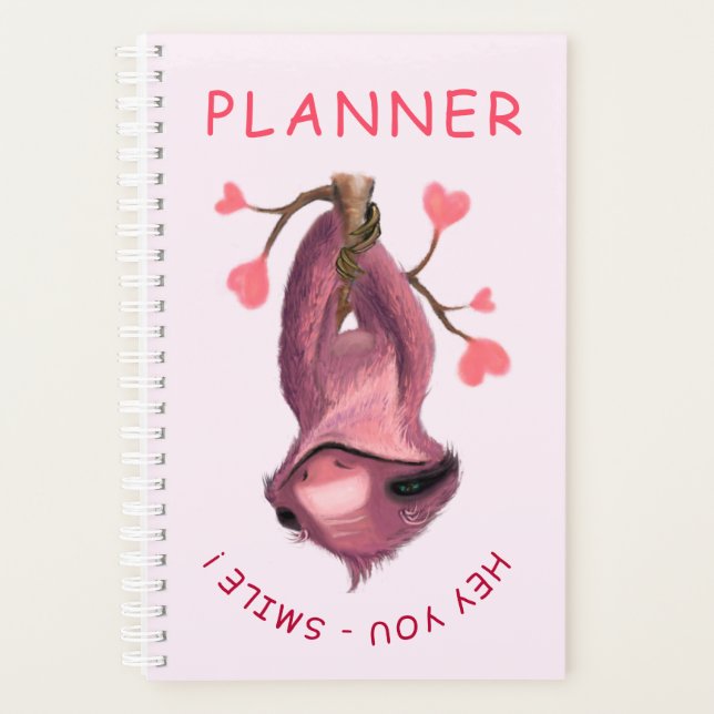 Funny Romantic Sloth Smile Cartoon Animal Drawing  Planner (Front)