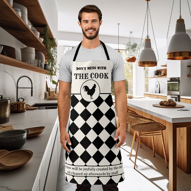 Funny Rooster Black and off-White Apron (A funny chef apron featuring a black and (off) white (ivory) retro design with a rooster )