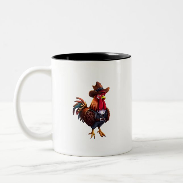 Funny Rooster Cartoon Illustration Art  Two-Tone Coffee Mug (Left)