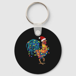 Funny Rooster Chicken Christmas Lights Pajama Farm Key Ring