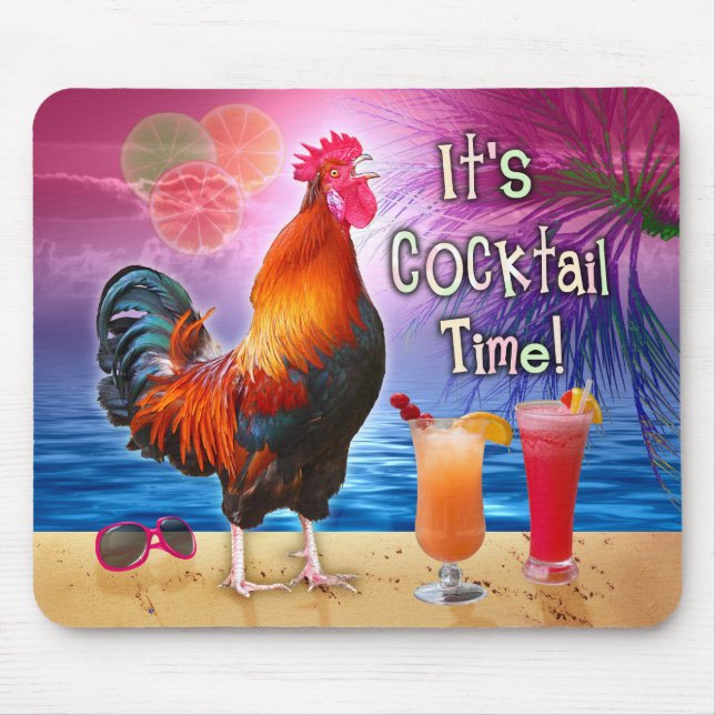 Funny Rooster Chicken Cocktails Tropical Beach Sea Mouse Mat (Front)