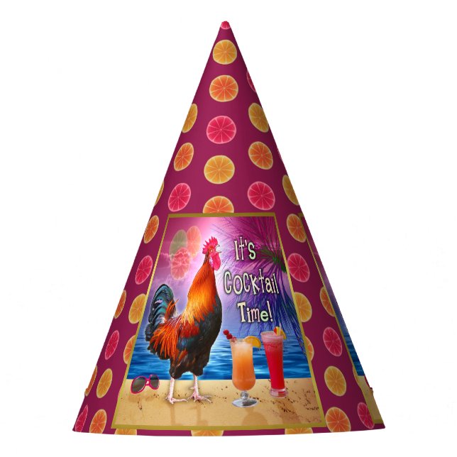 Funny Rooster Chicken Cocktails Tropical Beach Sea Party Hat (Front)