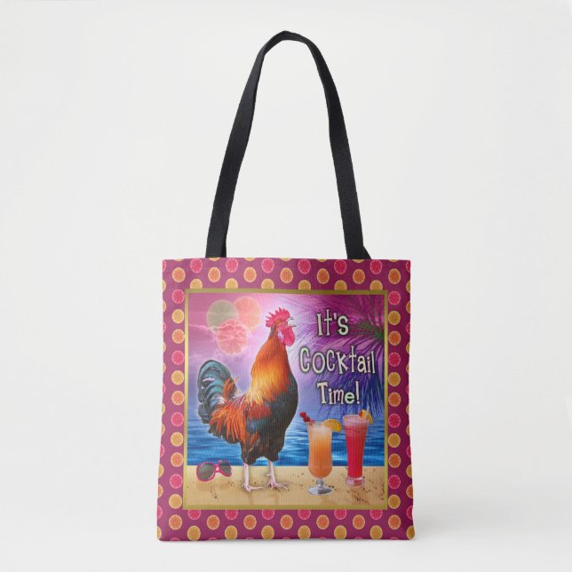 Funny Rooster Chicken Cocktails Tropical Beach Sea Tote Bag (Front)