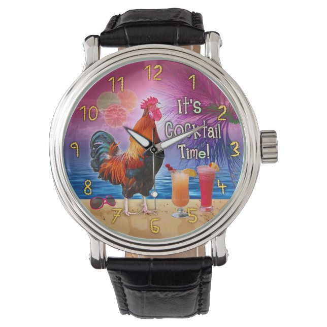 Funny Rooster Chicken Drinking Tropical Beach Sea Watch (Front)