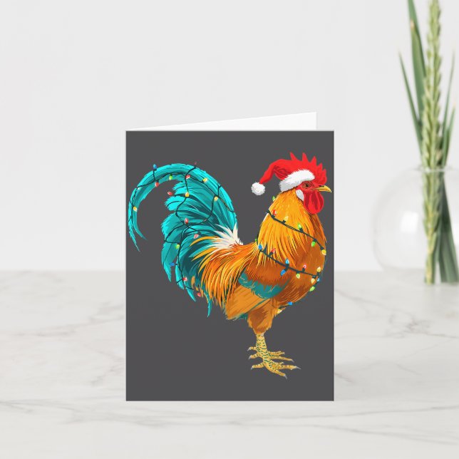 Funny Rooster Chicken Santa Christmas Lights Farme Card (Front)