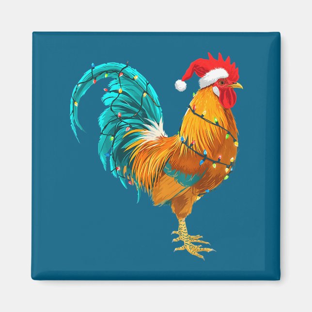 Funny Rooster Chicken Santa Christmas Lights Farme Magnet (Front)
