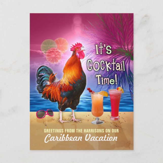 Funny Rooster Cocktails Tropical Beach Vacation Postcard (Front)