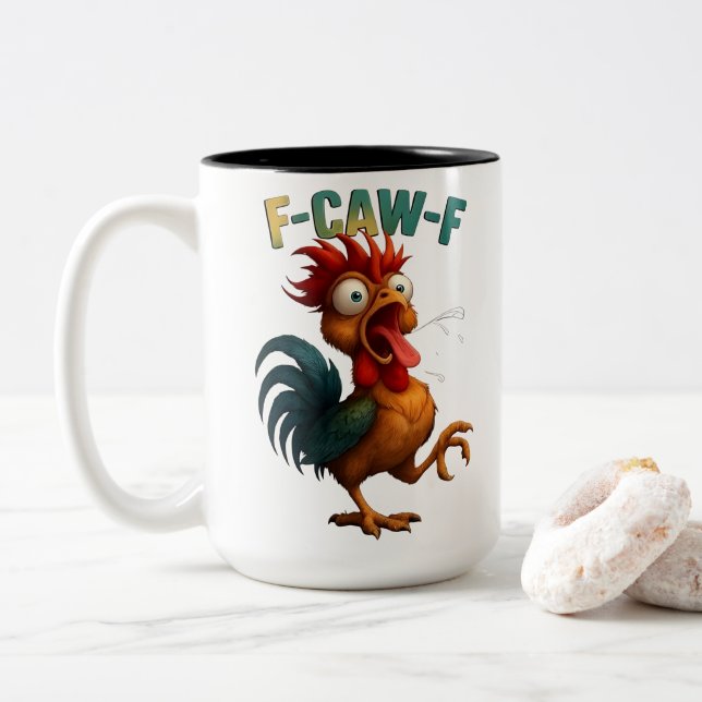 Funny Rooster Gift – F-Caw-F Chicken Design Two-Tone Coffee Mug (With Donut)
