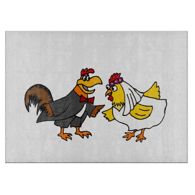 Funny Rooster Groom and Hen Bride Wedding Cutting Board (Front)