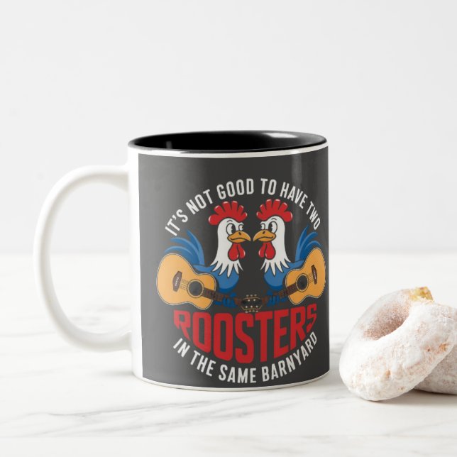 Funny Rooster Guitar Duo | Barnyard Music Humor Two-Tone Coffee Mug (With Donut)