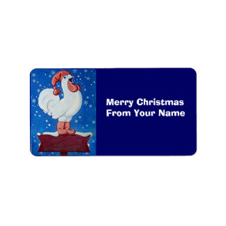 Funny Rooster In Santa Hat in Snow Gift Tag label