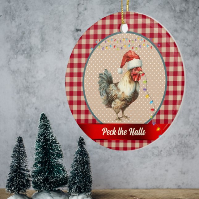 Funny Rooster Peck the Halls Christmas Lights Ceramic Tree Decoration (Creator Uploaded)
