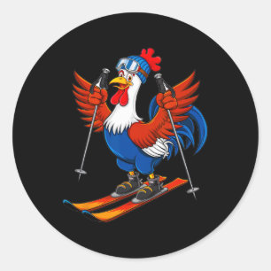 Funny Rooster Skiing Adventure Cartoon  Classic Round Sticker