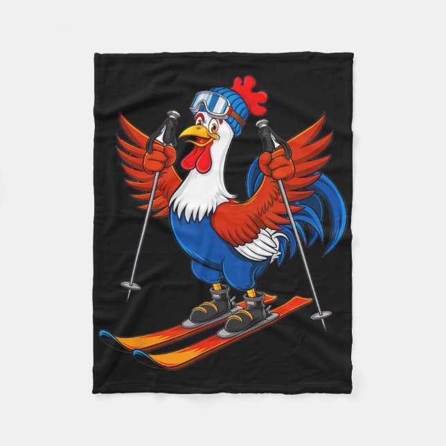 Funny Rooster Skiing Adventure Cartoon  Fleece Blanket (Front)