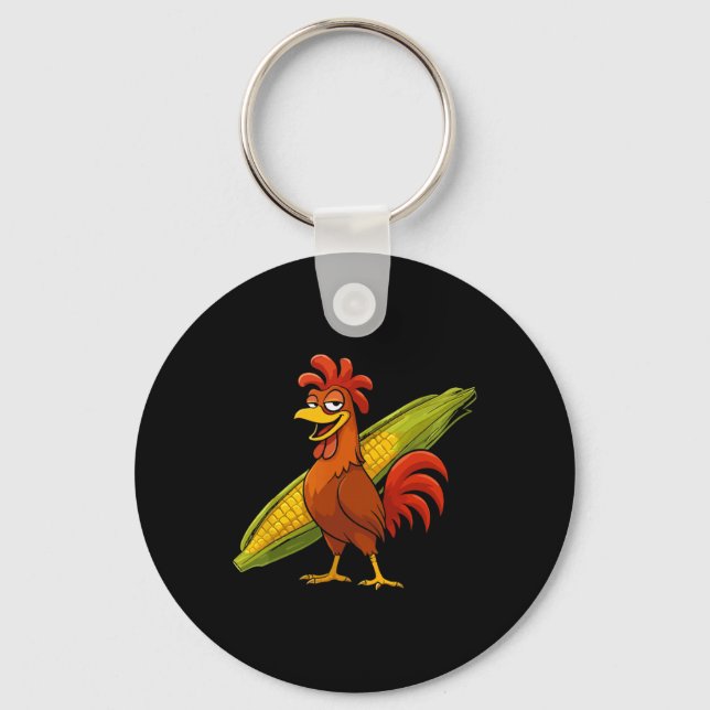 Funny Rooster With Corn Cob Thanksgiving Chicken F Key Ring (Front)