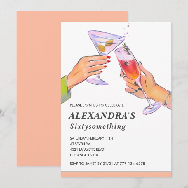  Funny Rose Gold Cocktail Champagne 61st birthday Invitation (Front/Back)