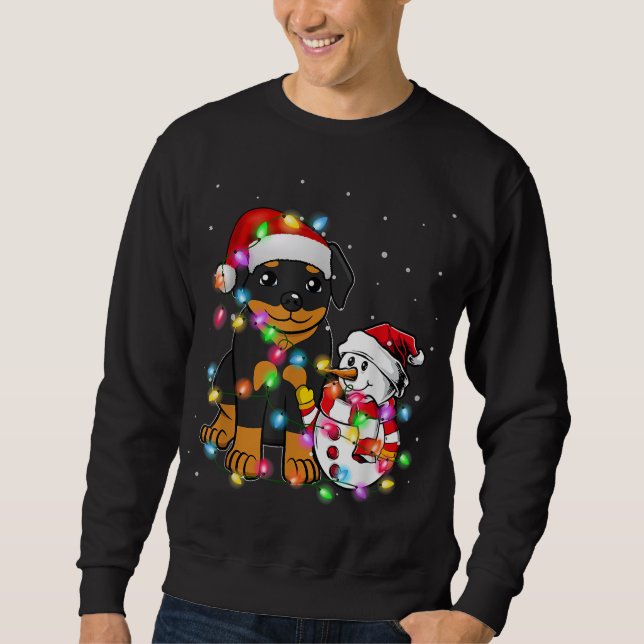 Funny Rottweiler Dog Christmas Tee Snowman Lights  (Front)