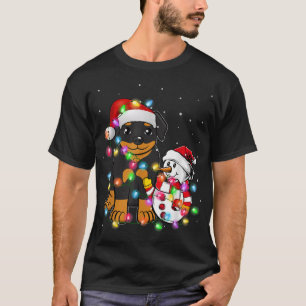 Funny Rottweiler Dog Christmas Tee Snowman Lights 