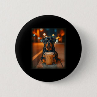 Funny rottweiler drinking iced coffee lover dog 6 cm round badge