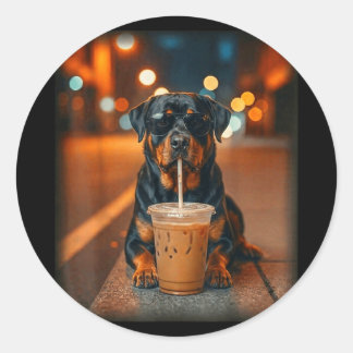 Funny rottweiler drinking iced coffee lover dog classic round sticker