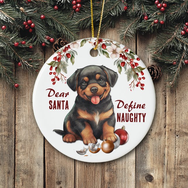 Funny Rottweiler Pup Define Naughty Christmas Ceramic Tree Decoration (Creator Uploaded)