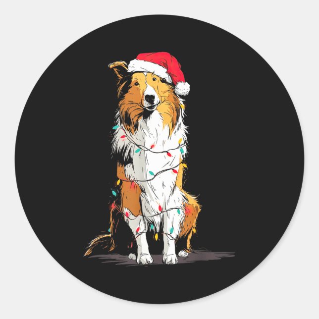 Funny Rough Collie Christmas Graphics Dog Lights L Classic Round Sticker (Front)
