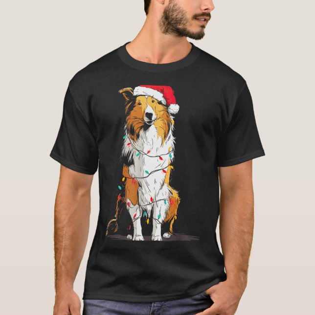 Funny Rough Collie Christmas Graphics Dog Lights L T-Shirt (Front)