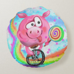 Funny Round Pillow Circus Acrobat Pig Cyclist 