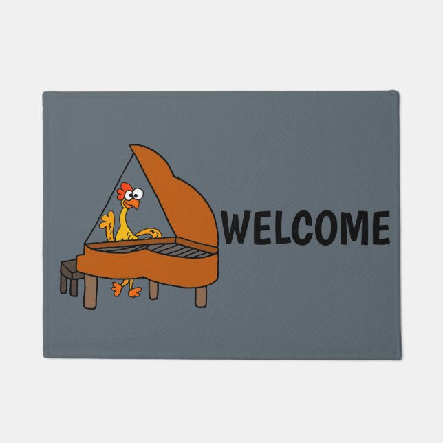 Funny Rubber Chicken Playing Piano Cartoon Doormat (Front)