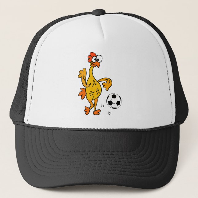 Funny Rubber Chicken Playing Soccer Cartoon Trucker Hat (Front)